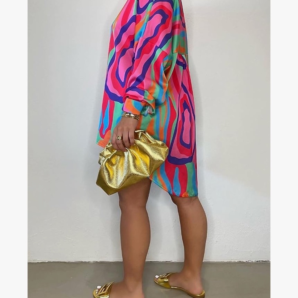 Colorful Womens Button Down Collared Long Shirt Mini Dress - Picture 10 of 11
